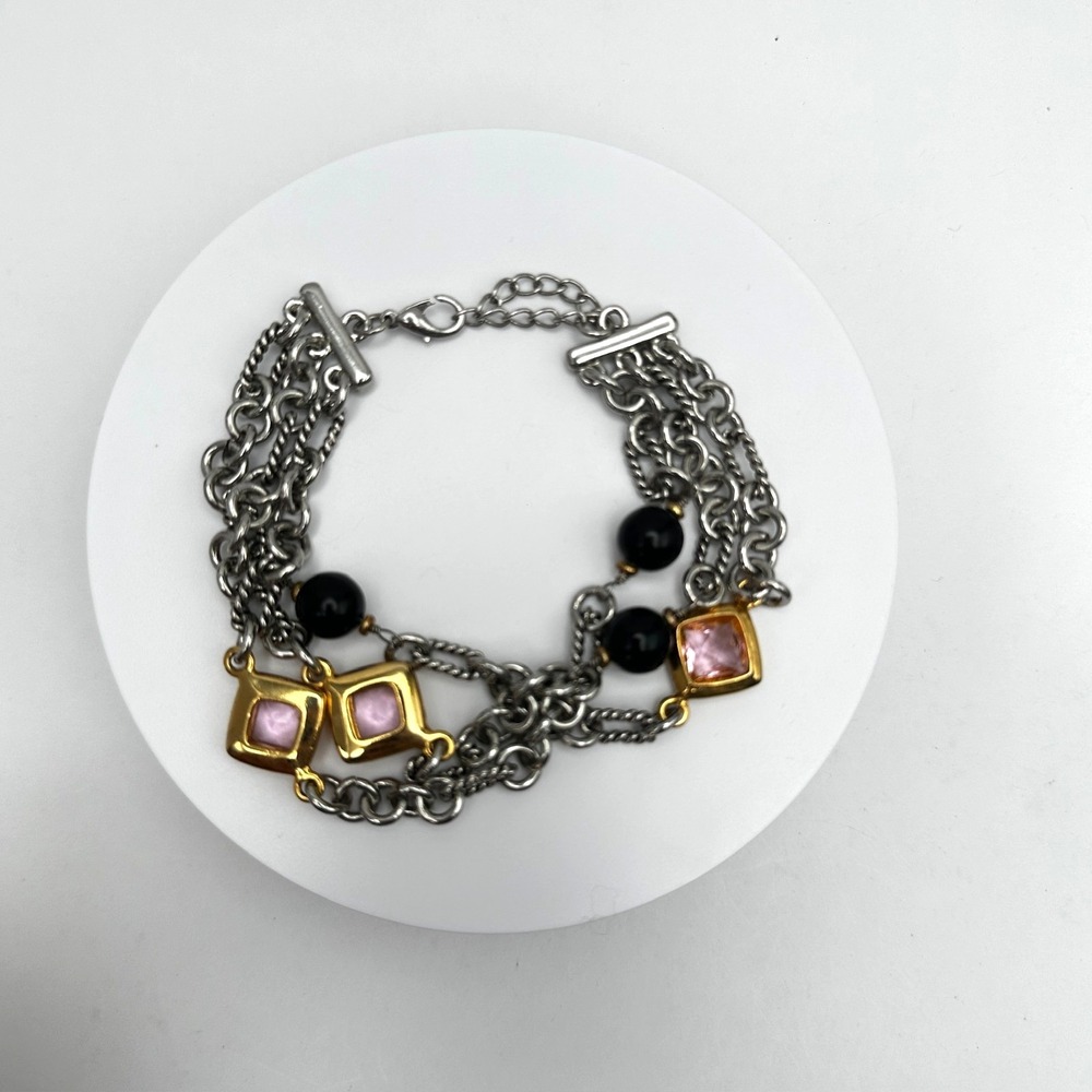 Vintage 90s Multi Chain Pink Crystal Black Bead Bracelet Silver Tone Jewelry